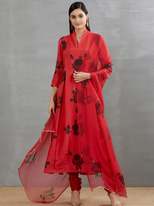Black Roses On Red Silk Kurta
