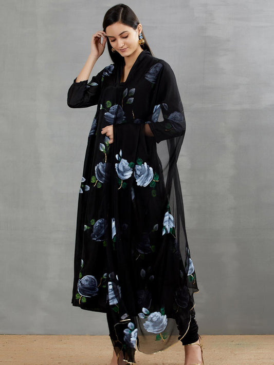 White Roses on Charcoal Black kurta
