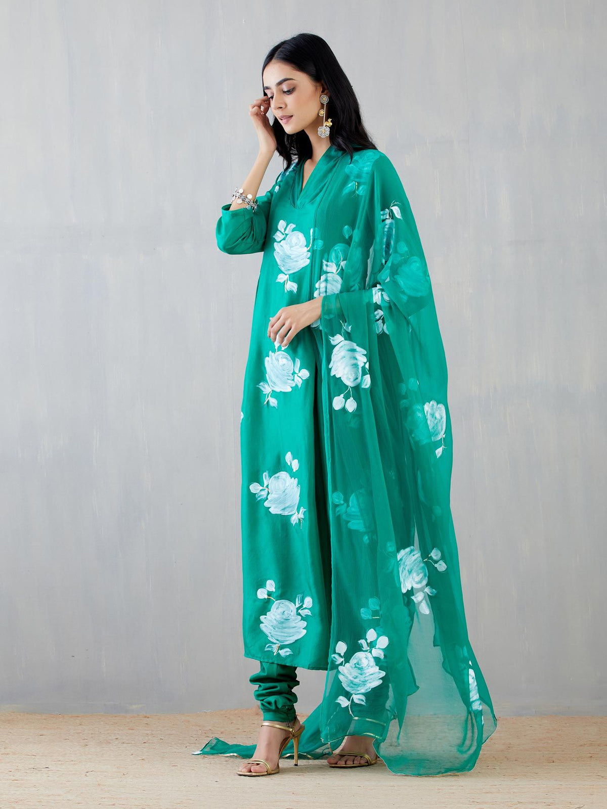 White Roses On Emerald Green Silk Kurta