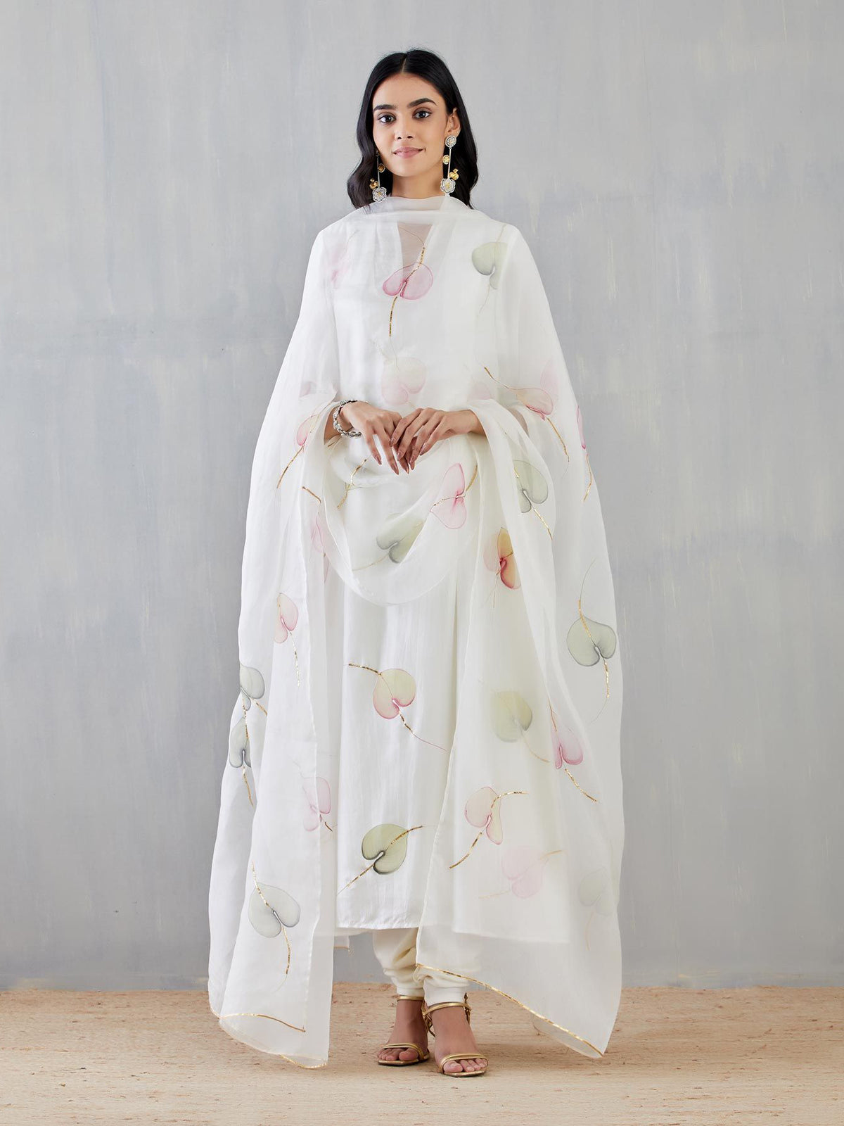 Multi Colour Anthuriums On Ivory Silk Kurta with Organza Dupatta