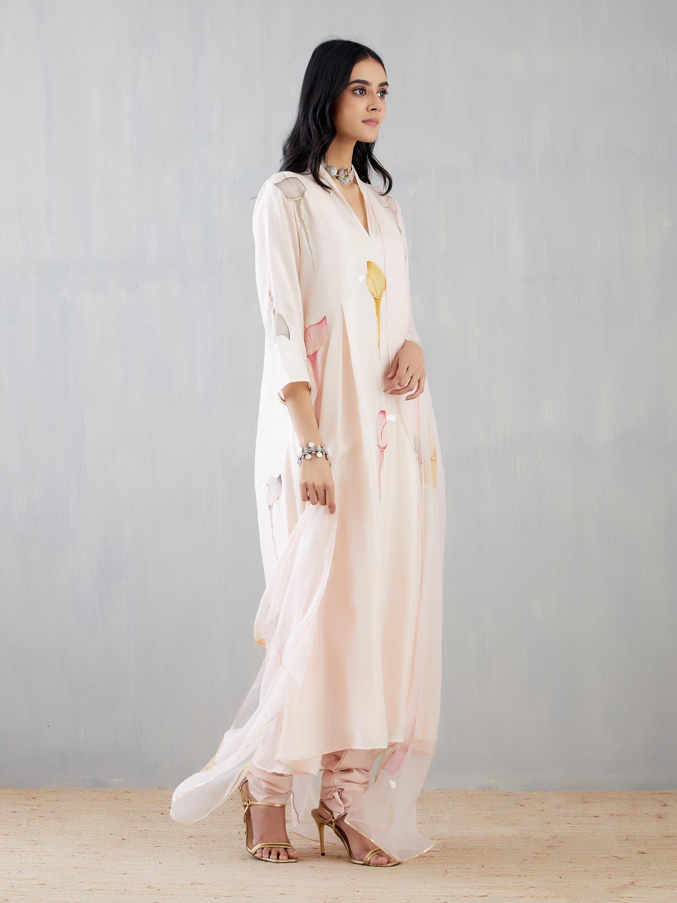 Multi Colour Calla Lily On Dull Rose Kurta