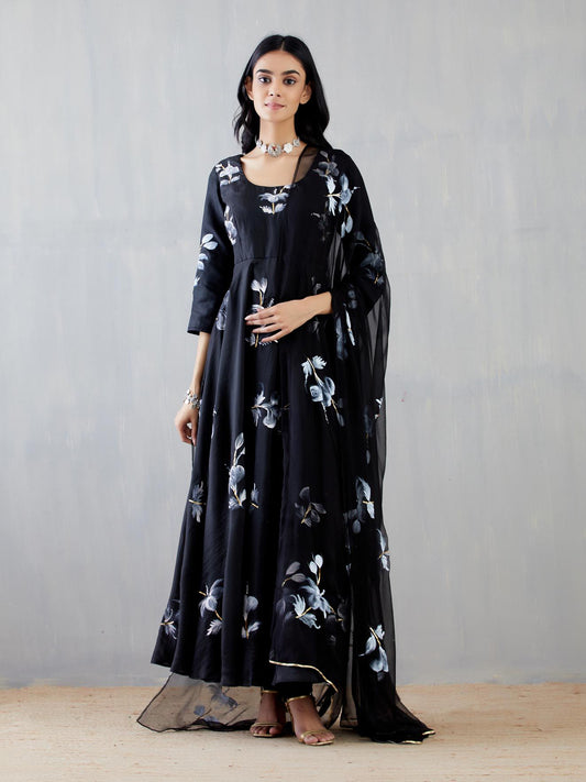 Hibiscus Rose On Charcoal Black Flared Silk Kurta