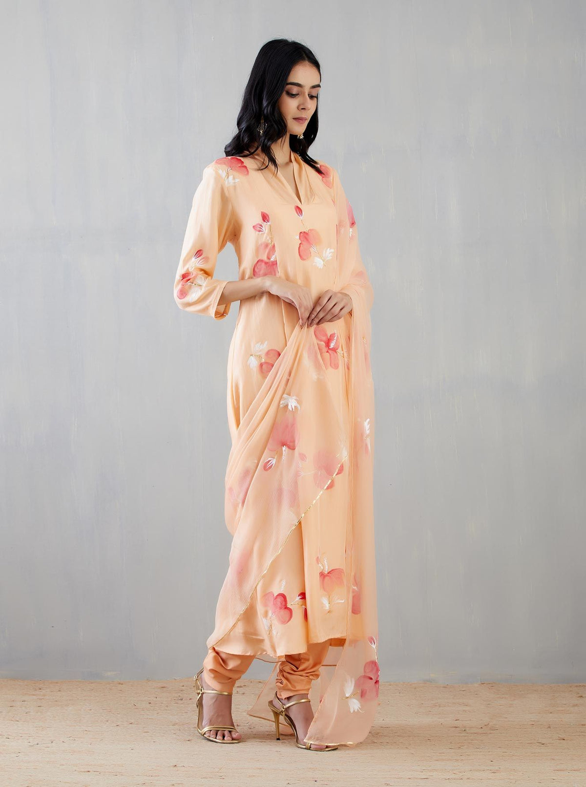 Hibiscus Roses On Mango Silk Kurta