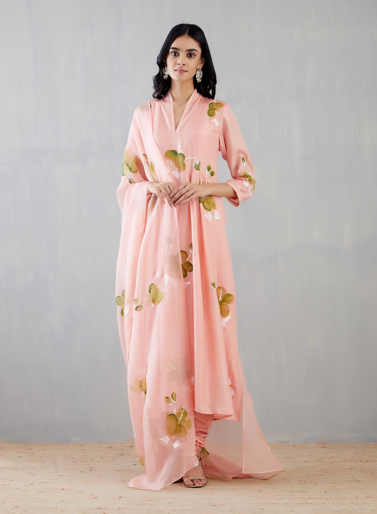 Hibiscus Roses In Olive On Rosepink Silk Kurta