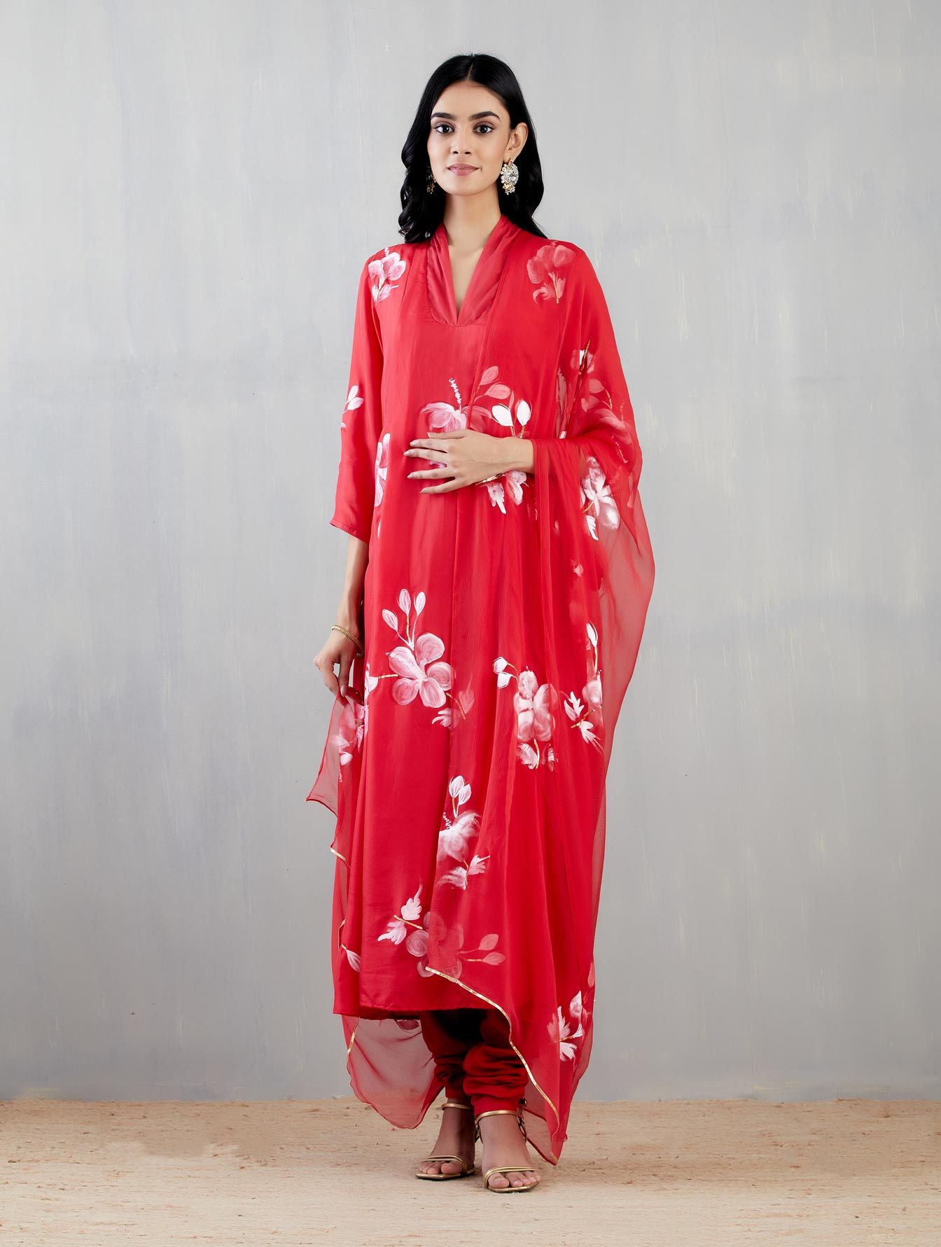 White Hibiscus Rose on Red Kurta
