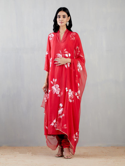 White Hibiscus Rose on Red Kurta