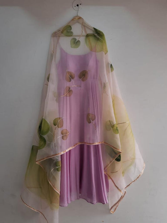 Olive Green Anthuriums on Deep Lilac organza dupatta with plain Spaghetti Strap Kurta