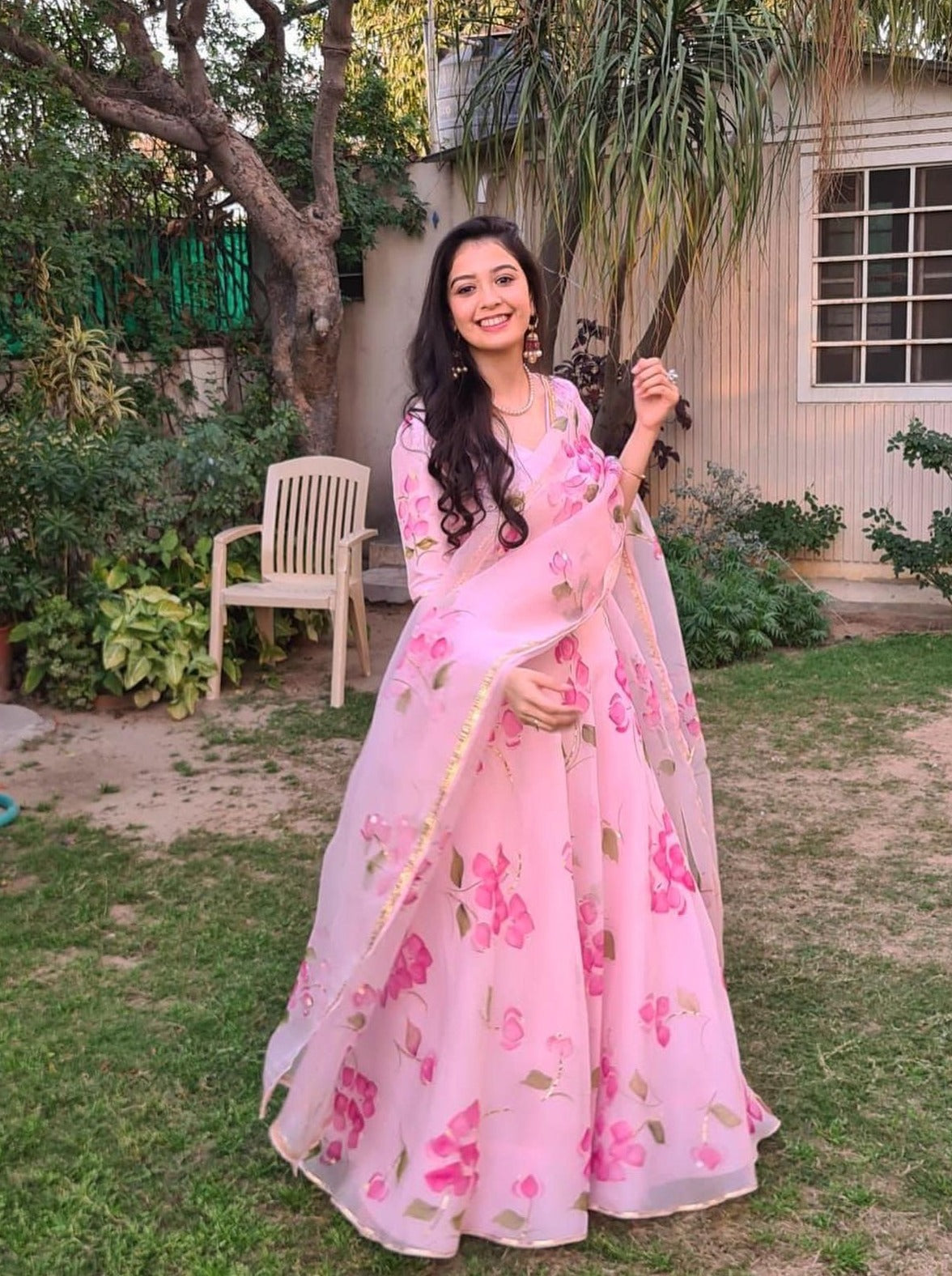 Cherry Red Bouganville’s on Baby Pink Lehenga by PICCHIKA – view 2