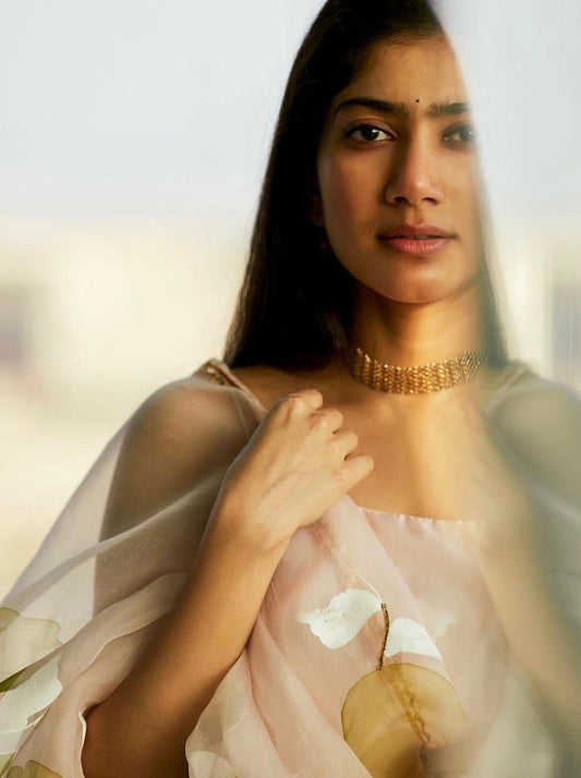 Olive Green Rose On Dull Rose Organza Dupatta with plain Flared Silk Kurta