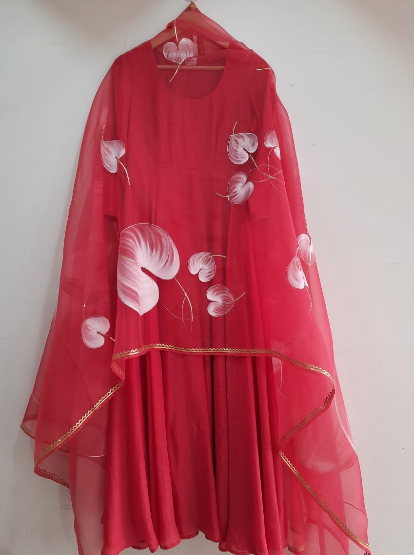 White Anthuriums on Red Spaghetti Strap Kurta