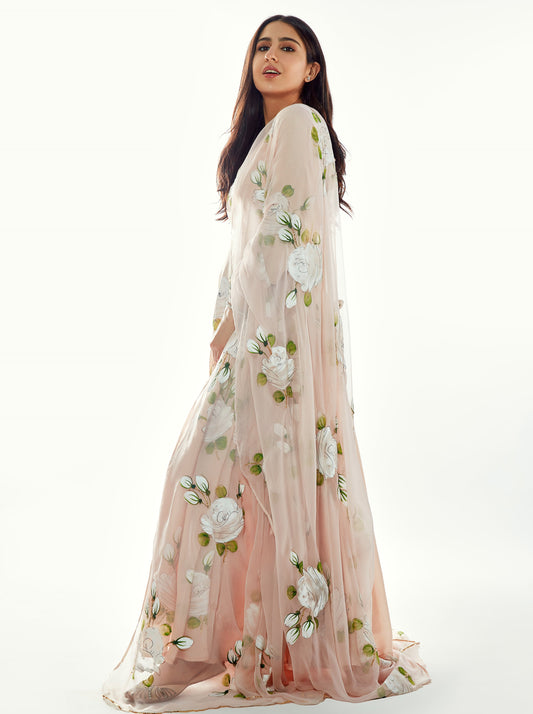 White Roses on a Dull Rose Flaired Kurta