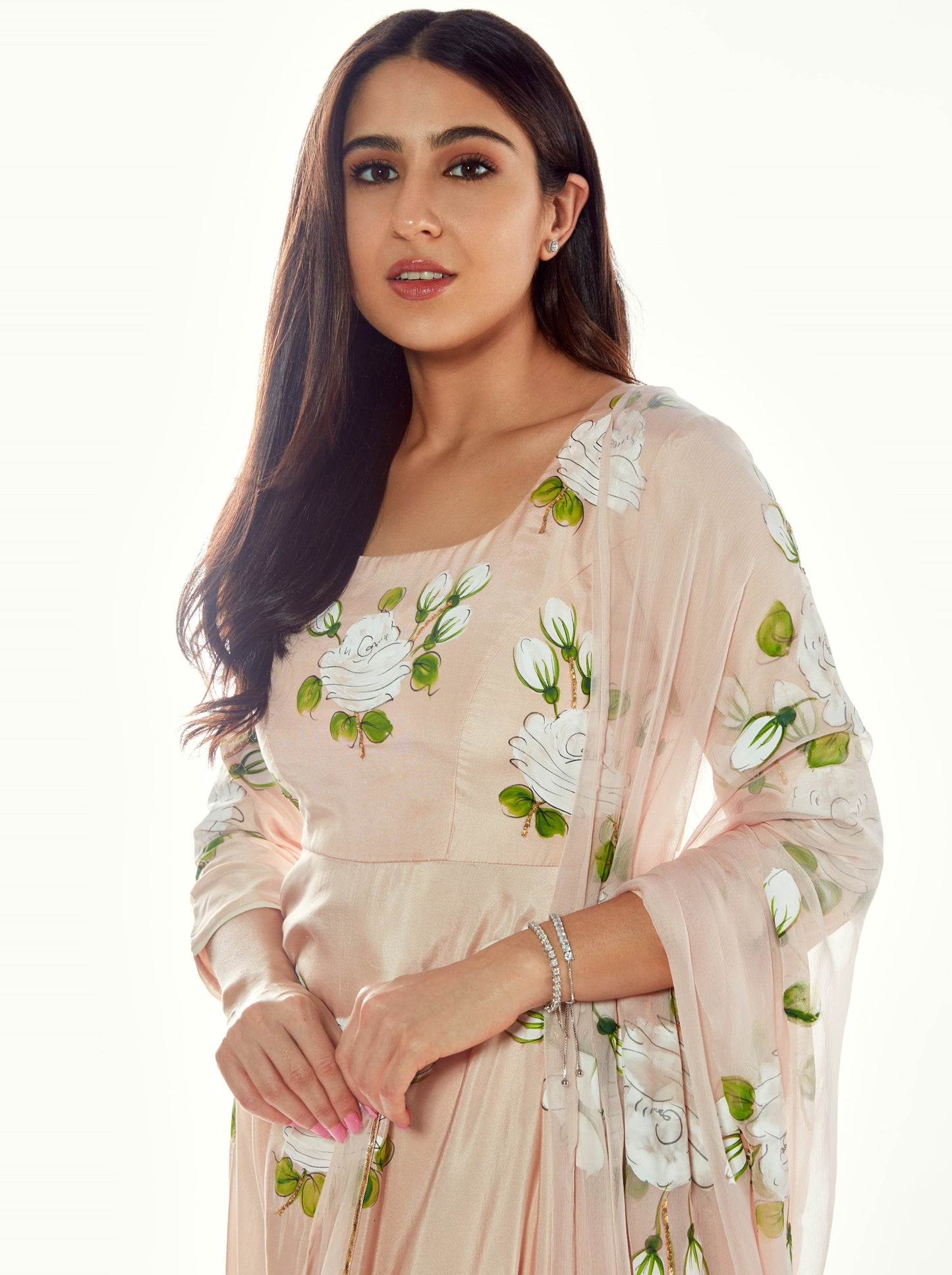 White Roses on A Dull Rose Flaired Kurta