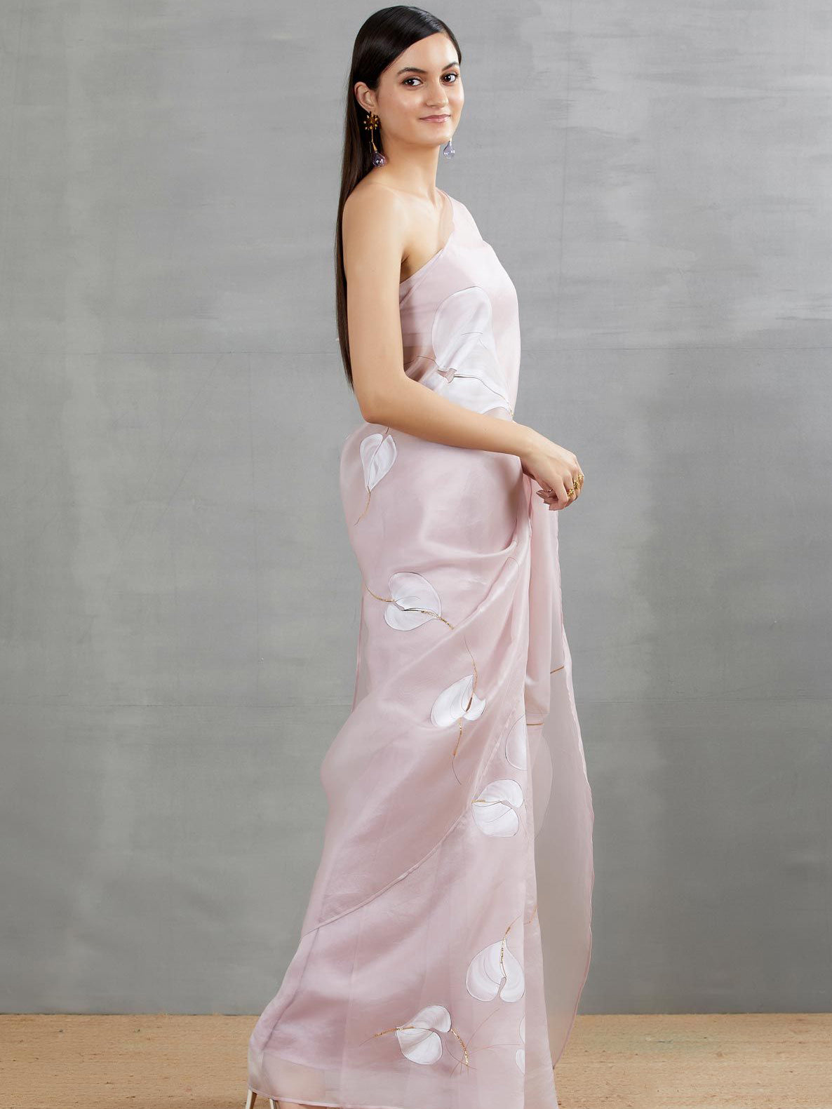 White Anthuriums On Lilac Organza Saree