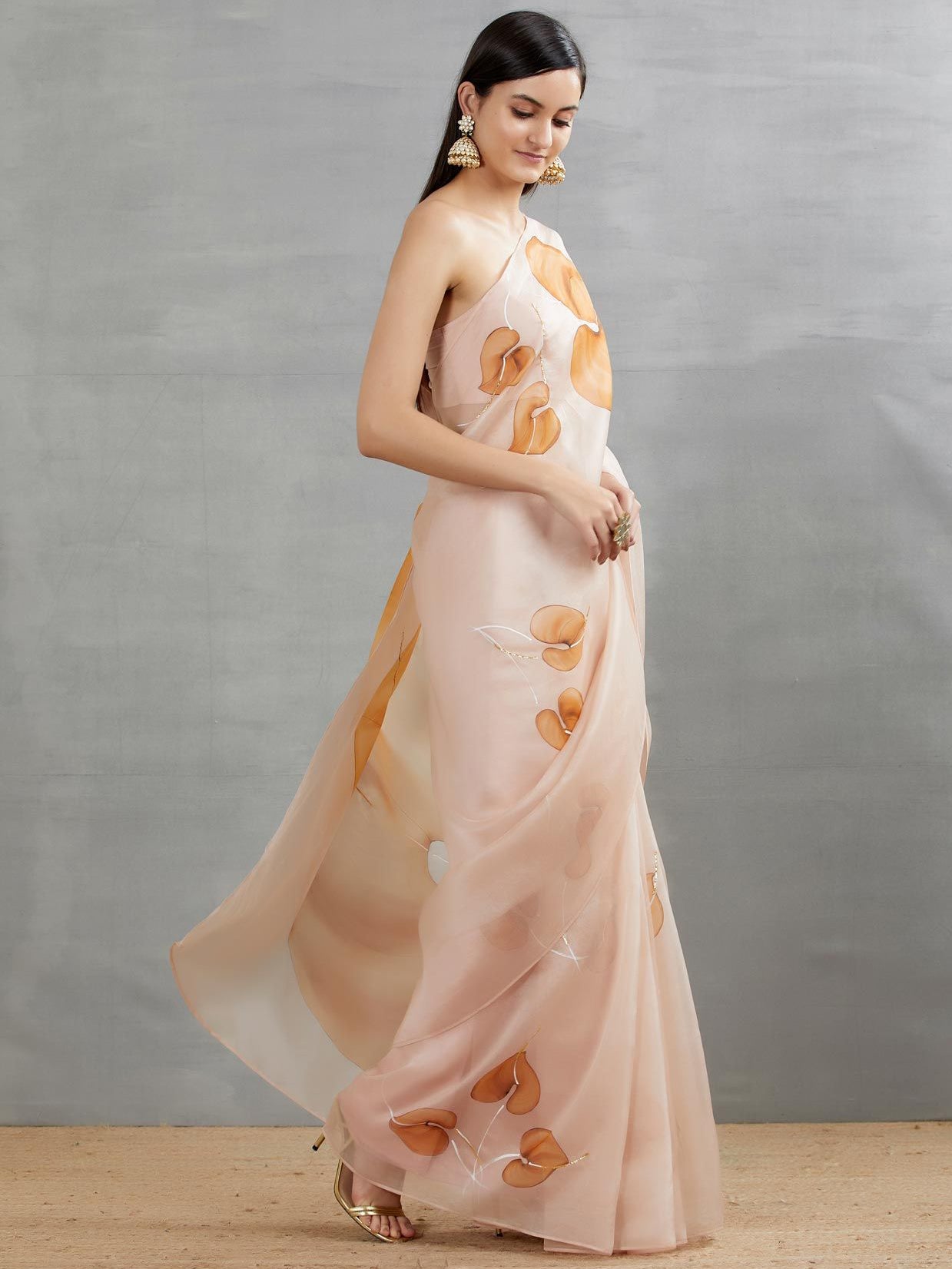 Chocolate brown anthuriums On Dull Rose Organza Saree