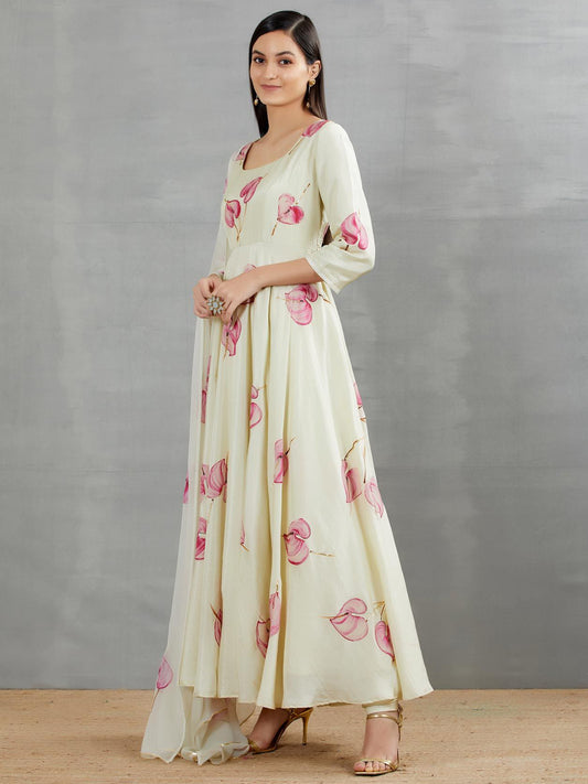 Anthuriums On Pista Flaired Silk Kurta