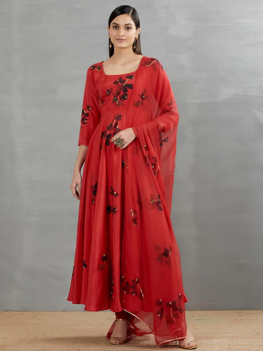 Black Bougainville's On Red Silk Flared Kurta