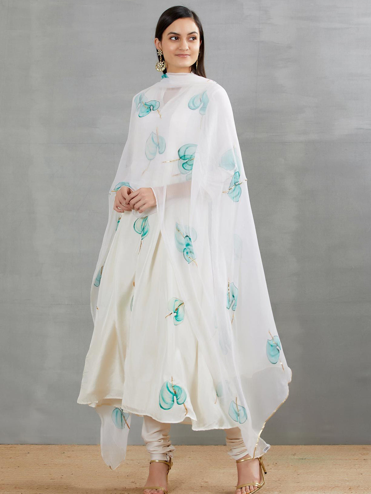 Blue Anthuriums On Dull Ivory Silk Kurta
