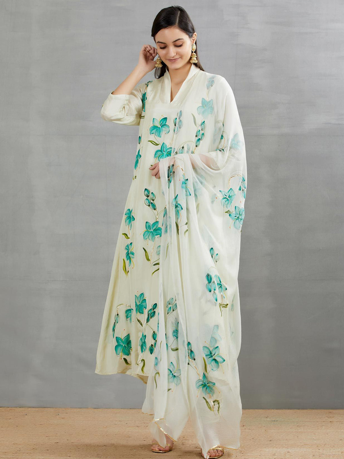 Lilies on Pista Silk Kurta