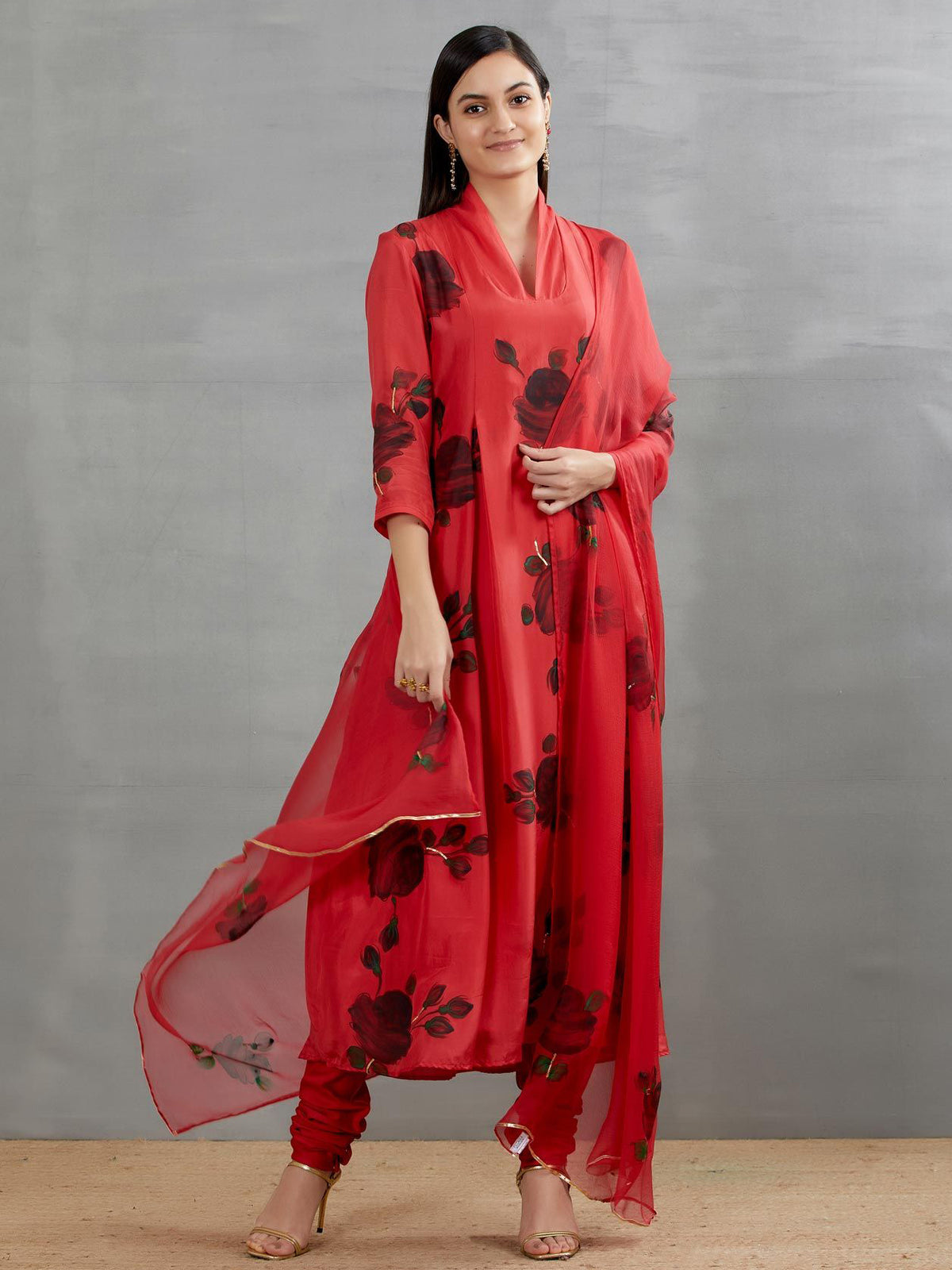 Black Roses On Red Silk Kurta