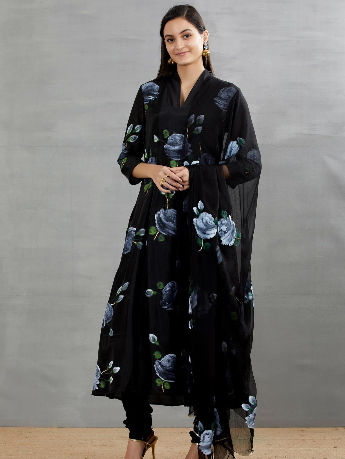 White Roses on Charcoal Black kurta