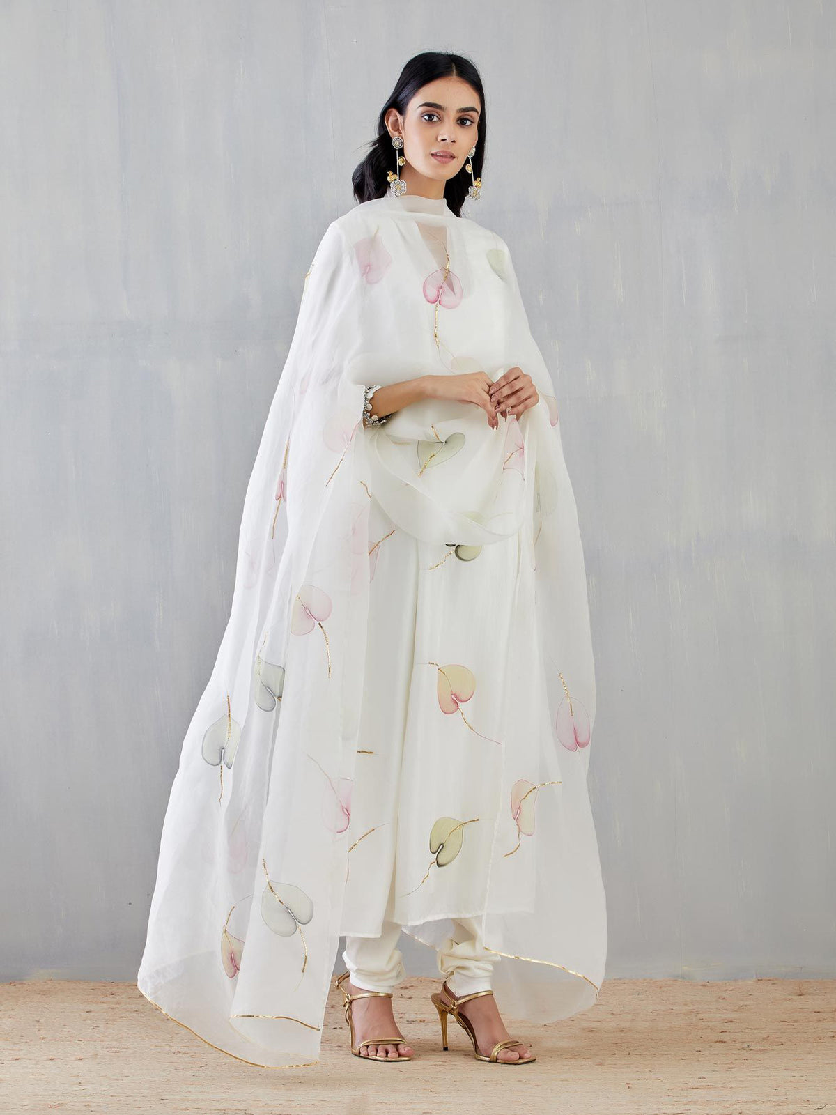 Multi Colour Anthuriums On Ivory Silk Kurta with Organza Dupatta