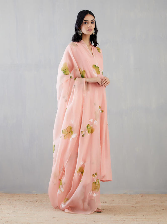 Hibiscus Roses In Olive On Rosepink Silk Kurta