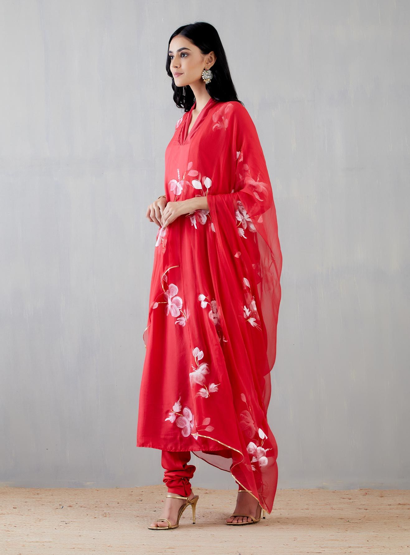 White Hibiscus Rose on Red Kurta