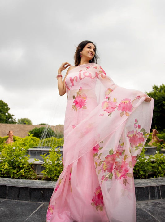 Custom Name on Pink Peonies Organza Saree