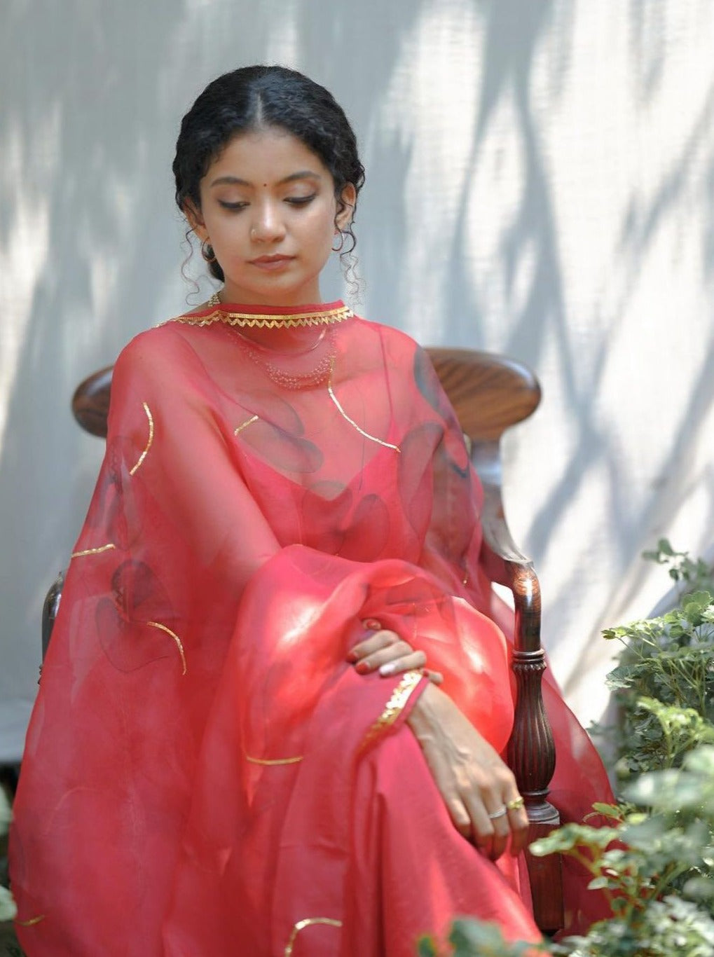 Black Anthuriums on Red Organza Dupatta with Plain Silk Flared Kurta