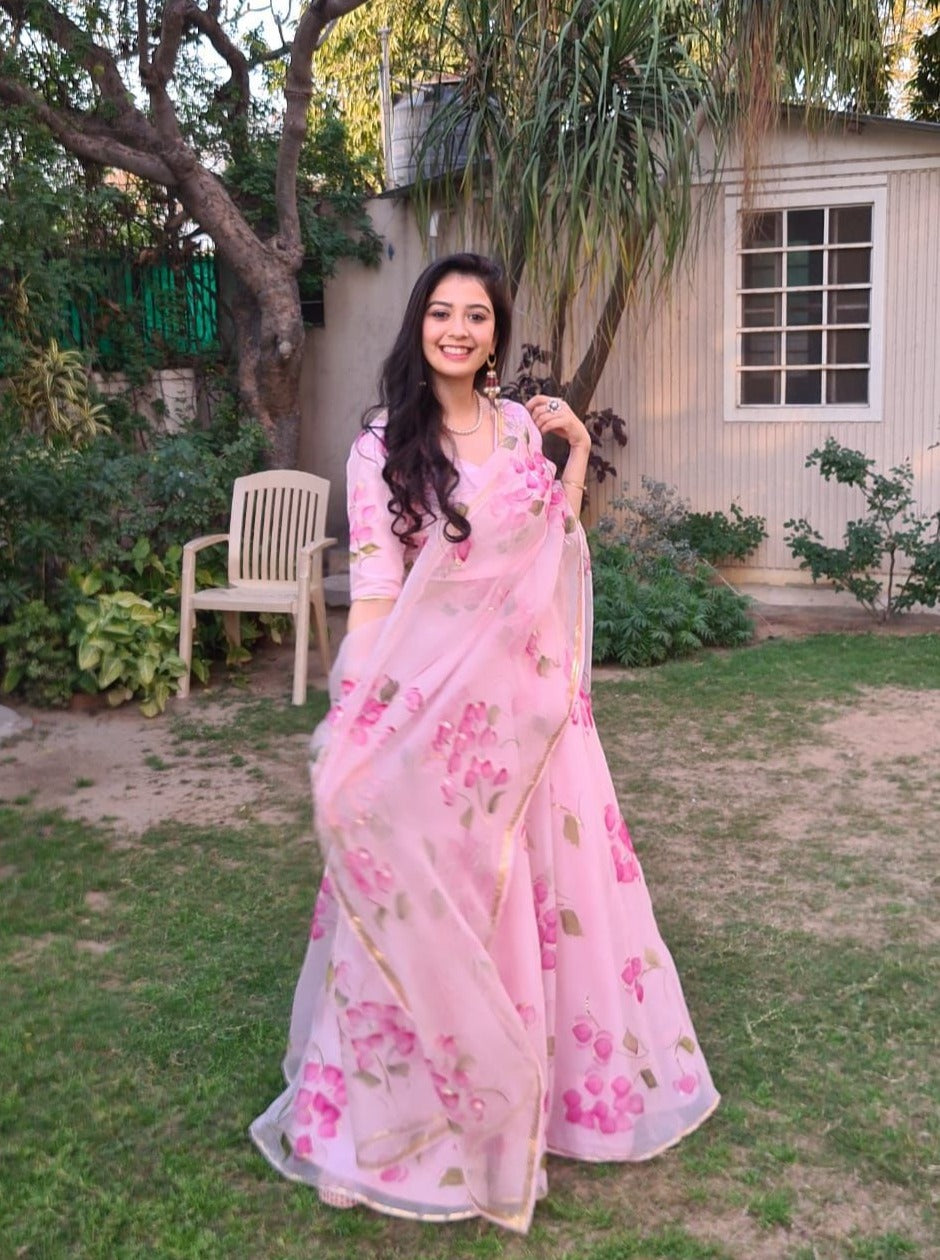 Cherry Red Bouganville’s on Baby Pink Lehenga by PICCHIKA – view 3