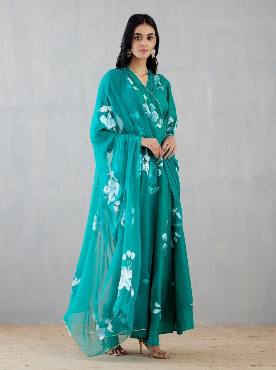 Tie Up In Hibiscus Roses On Emerald Green Kurta
