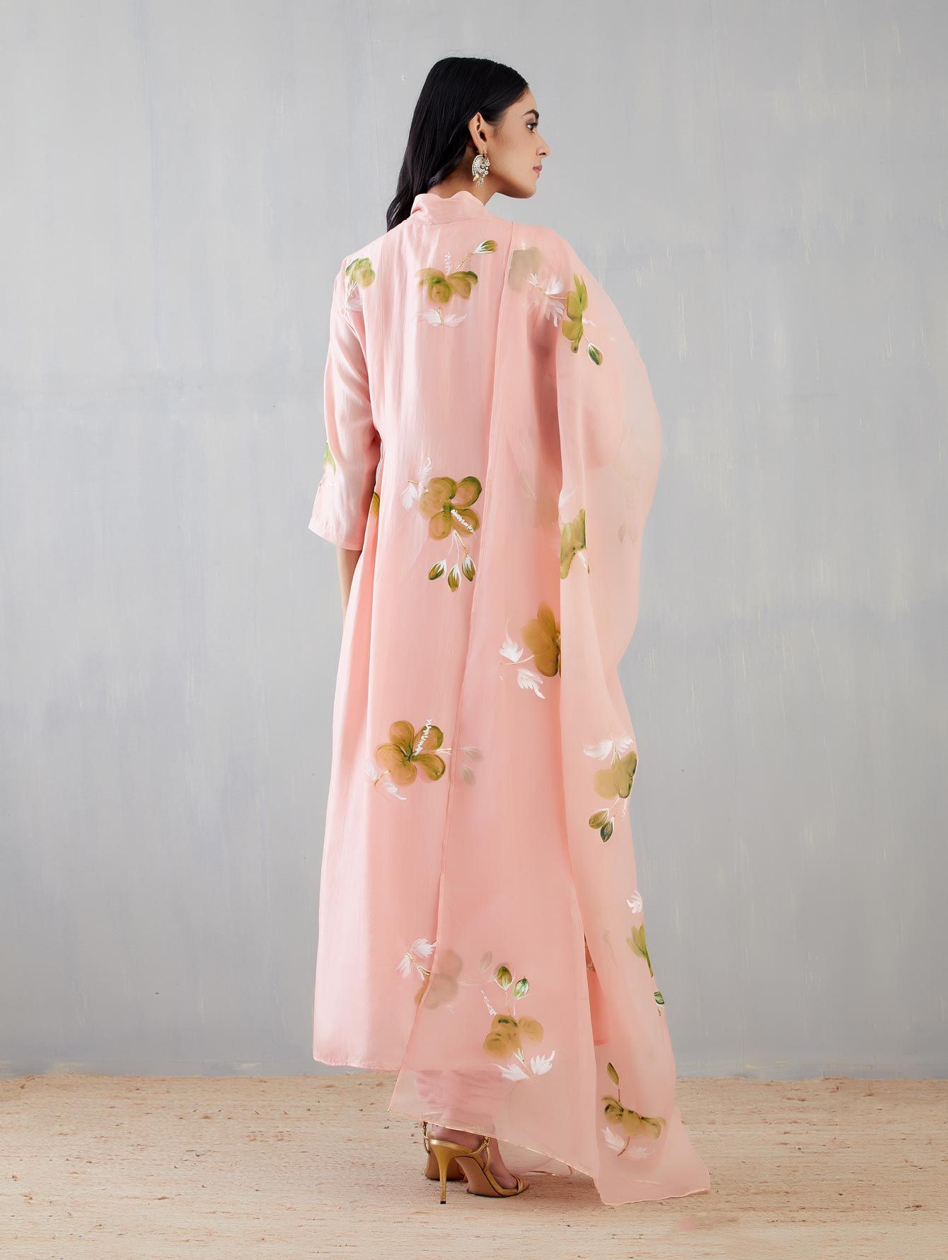 Hibiscus Roses In Olive On Rosepink Silk Kurta