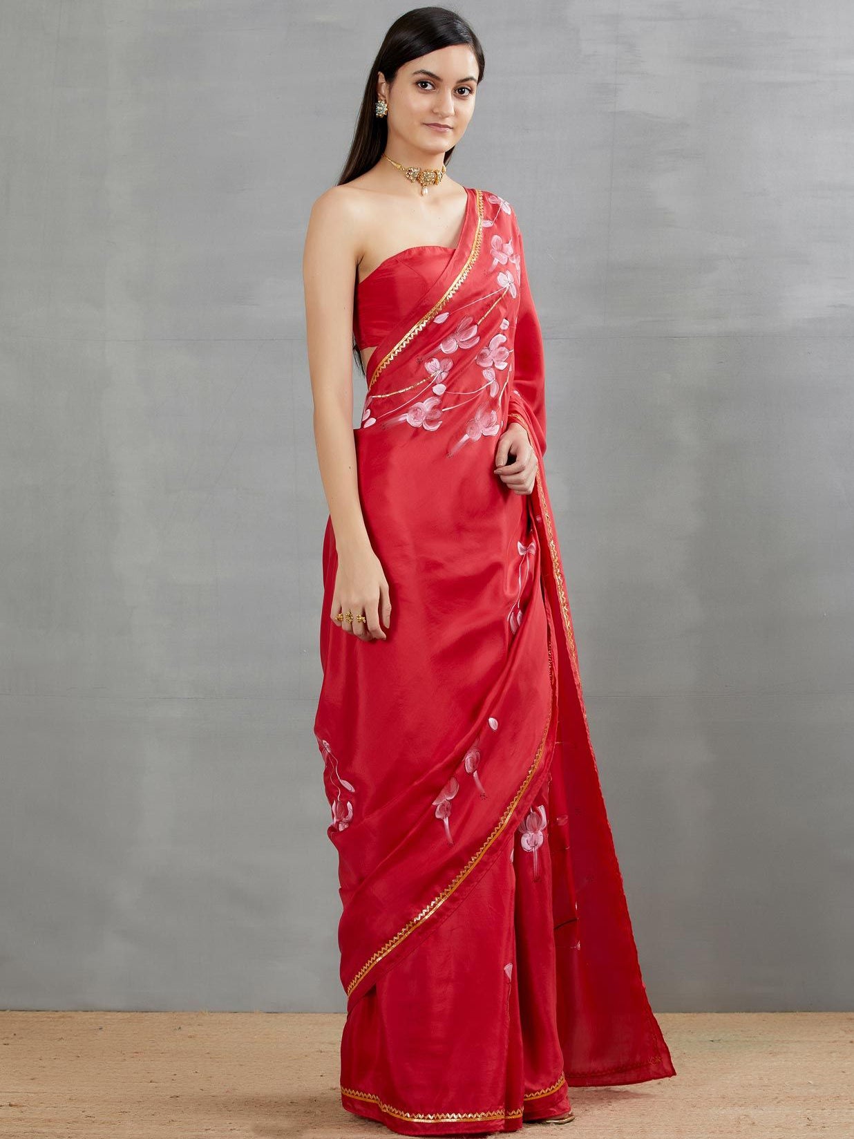 White Fuschia’s On Red Silk Saree with border