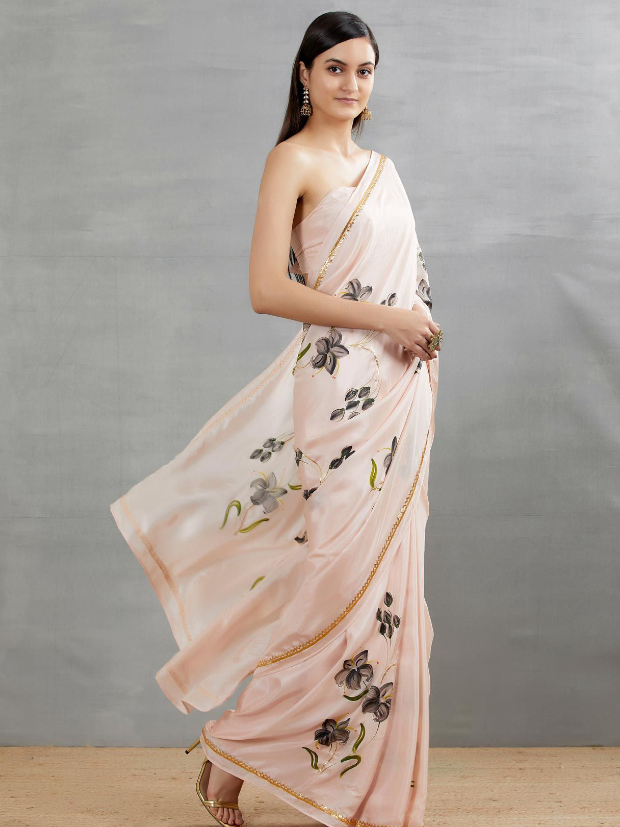 Black Lilies On Dull Rose Silk Saree with border