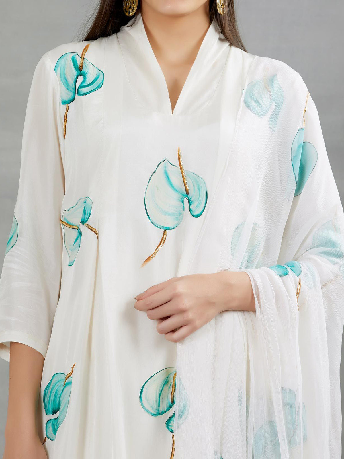 Blue Anthuriums On Dull Ivory Silk Kurta