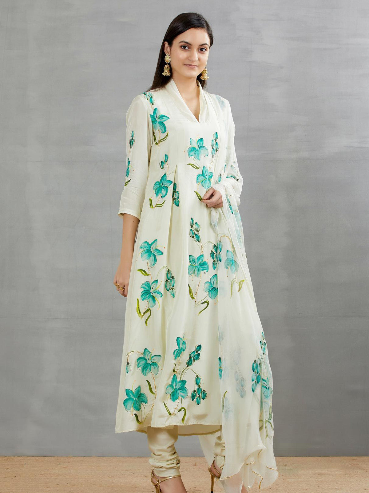 Lilies on Pista Silk Kurta