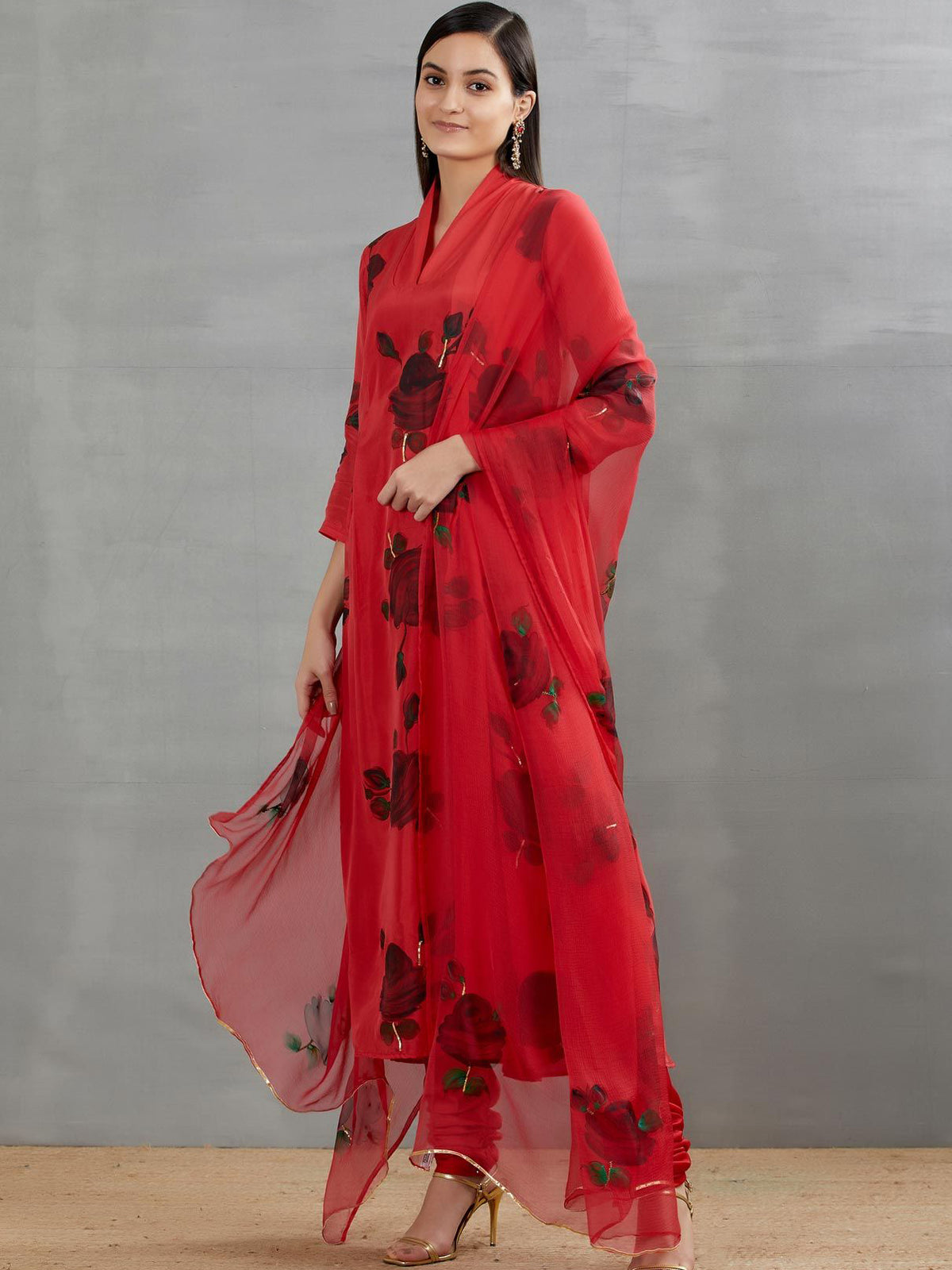 Black Roses On Red Silk Kurta
