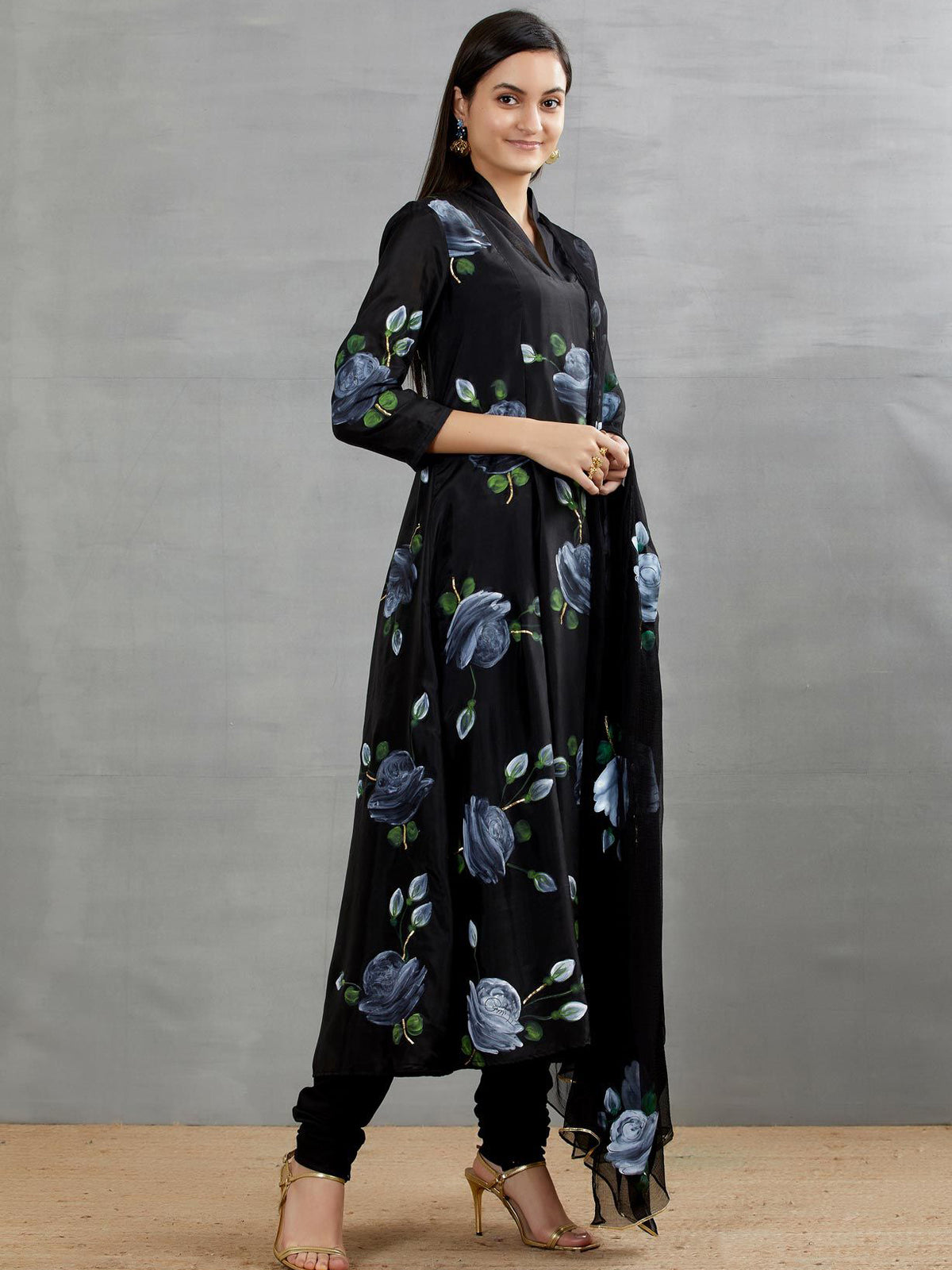 White Roses on Charcoal Black kurta