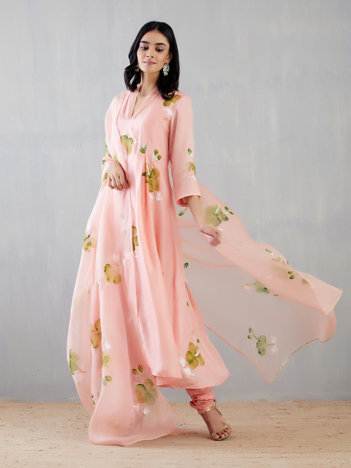 Hibiscus Roses In Olive On Rosepink Silk Kurta