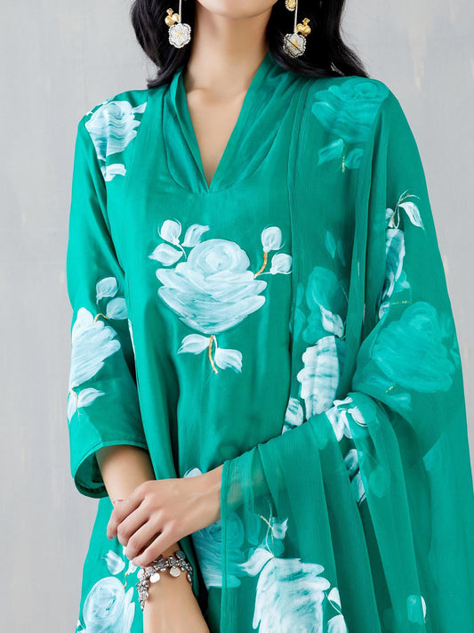 White Roses On Emerald Green Silk Kurta