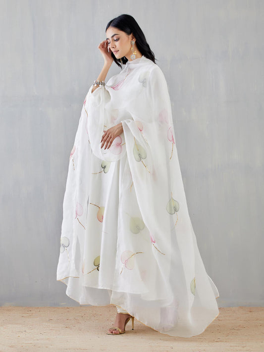 Multi Colour Anthuriums On Ivory Silk Kurta with Organza Dupatta