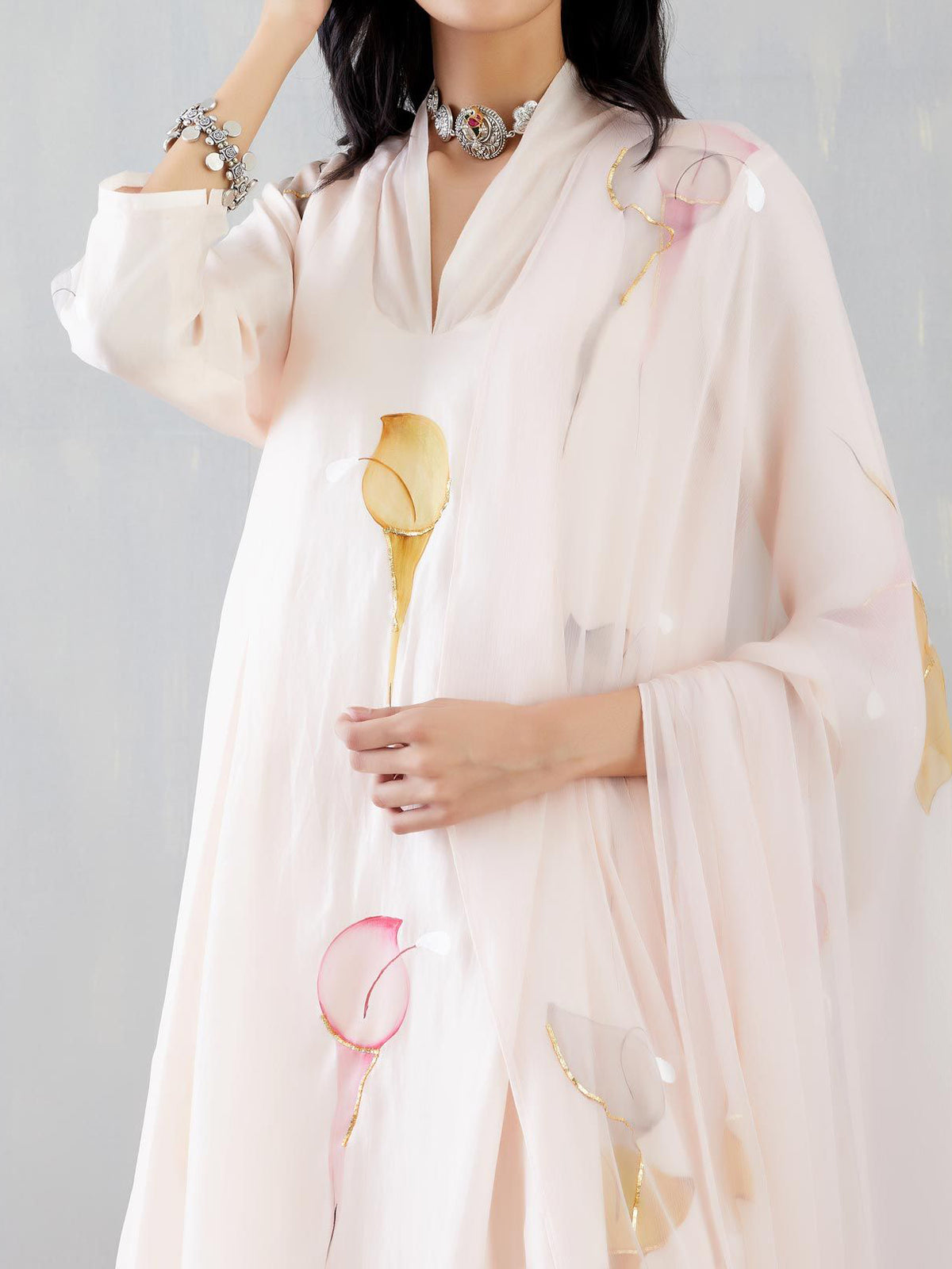 Multi Colour Calla Lily On Dull Rose Kurta