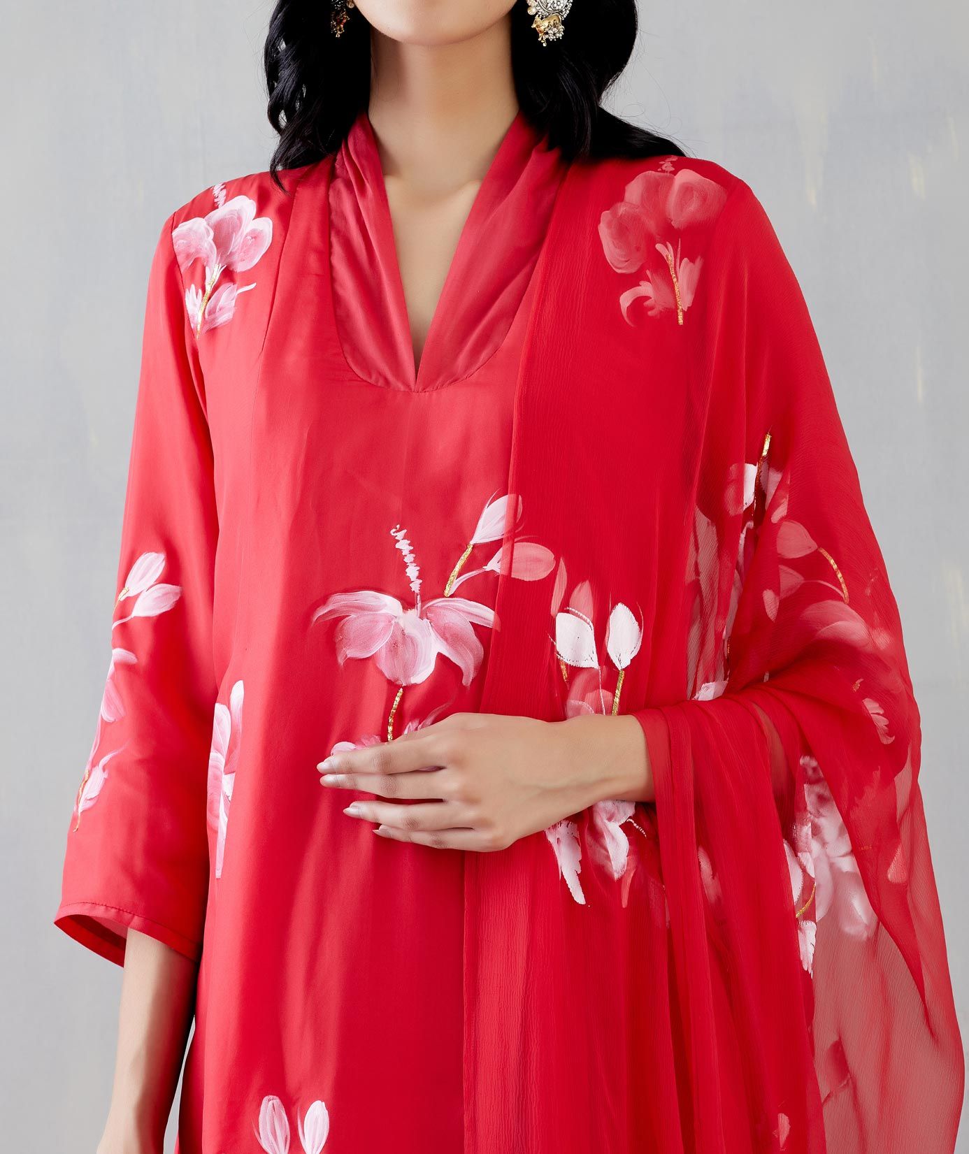 White Hibiscus Rose on Red Kurta