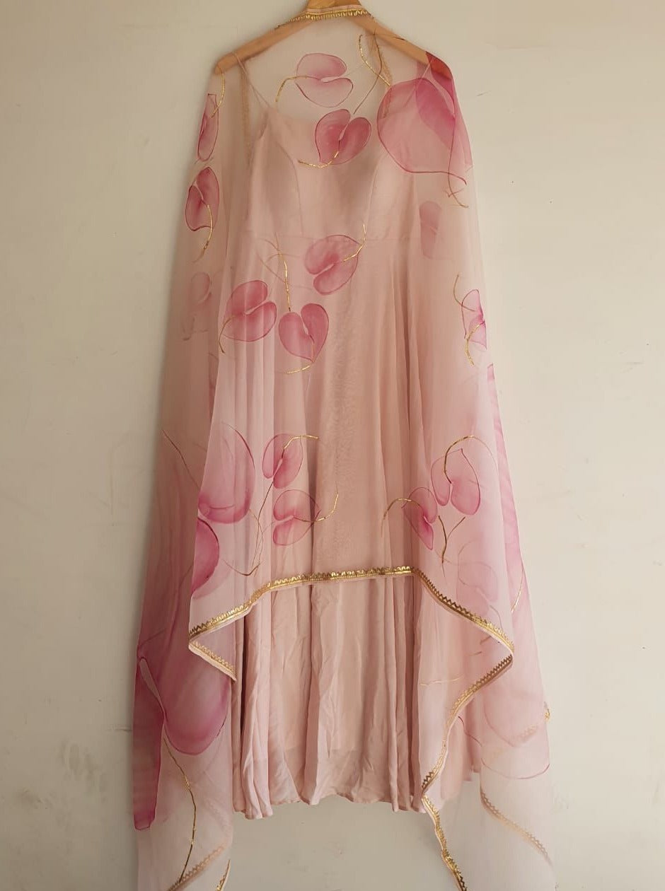 Pink Anthuriums on Dull Rose Spaghetti Strap Kurta