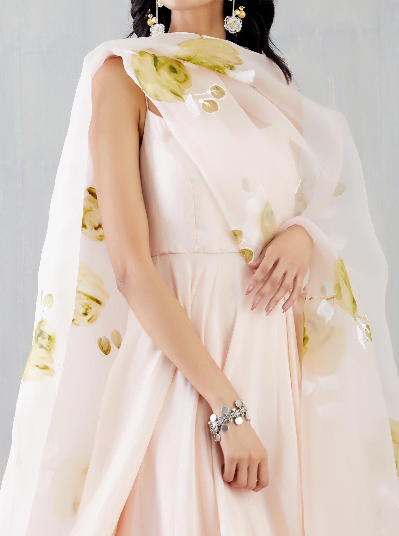 Olive Green Rose On Dull Rose Organza Dupatta with plain Flared Silk Kurta