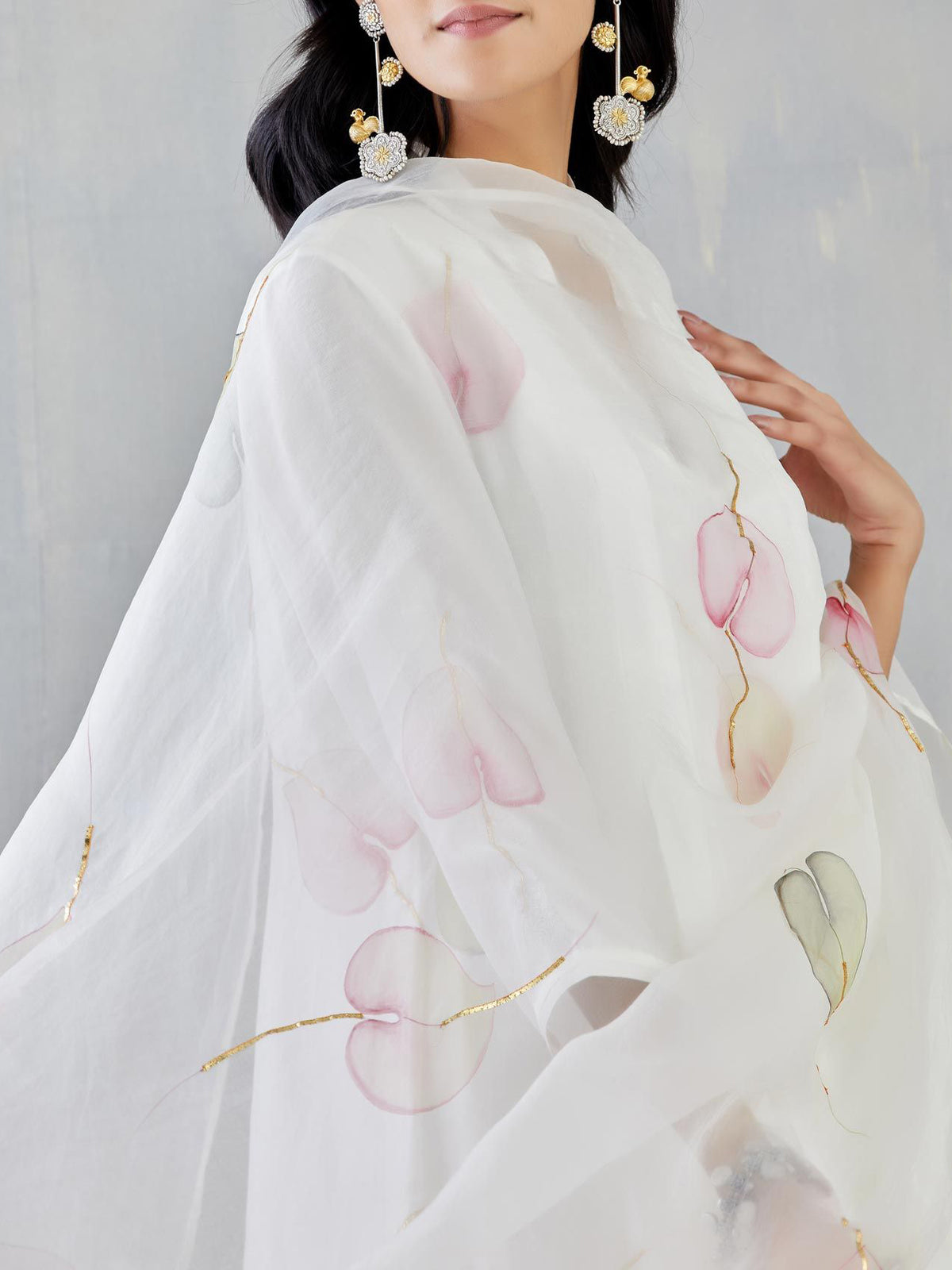 Multi Colour Anthuriums On Ivory Silk Kurta with Organza Dupatta