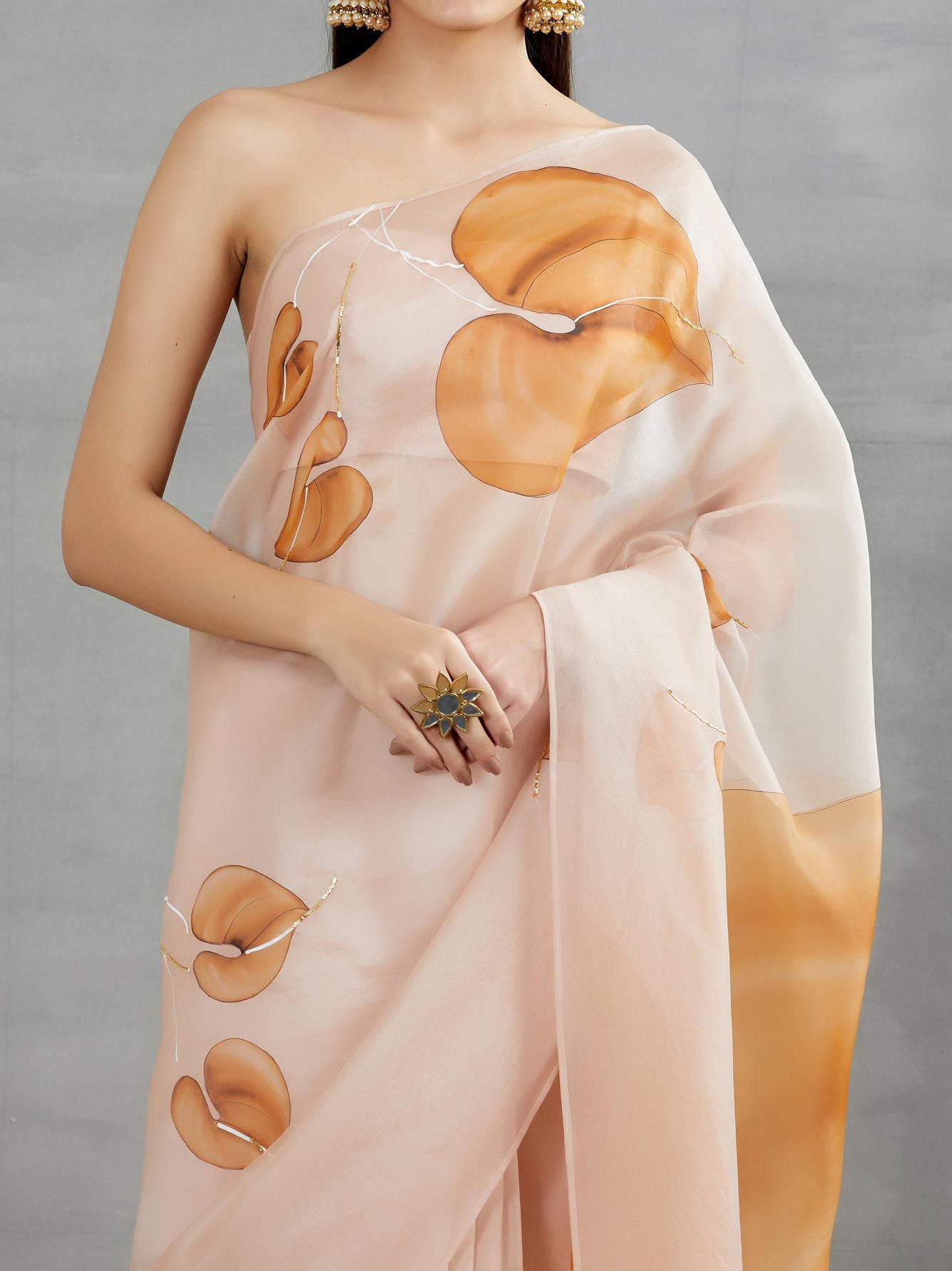 Chocolate brown anthuriums On Dull Rose Organza Saree