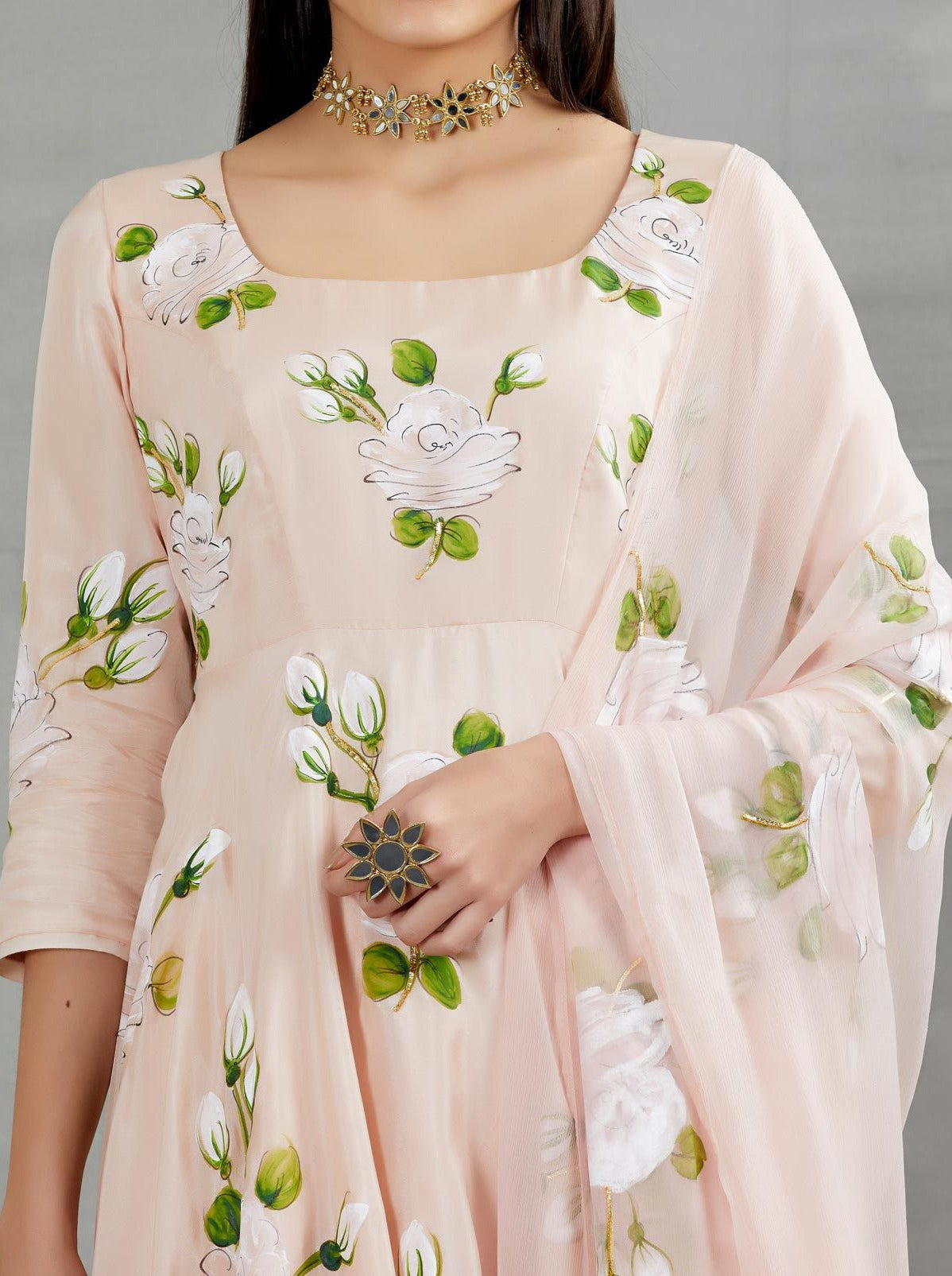 White Roses on a Dull Rose Flaired Kurta