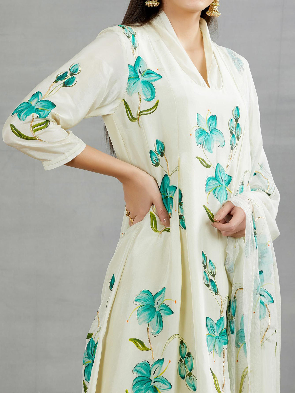 Lilies on Pista Silk Kurta
