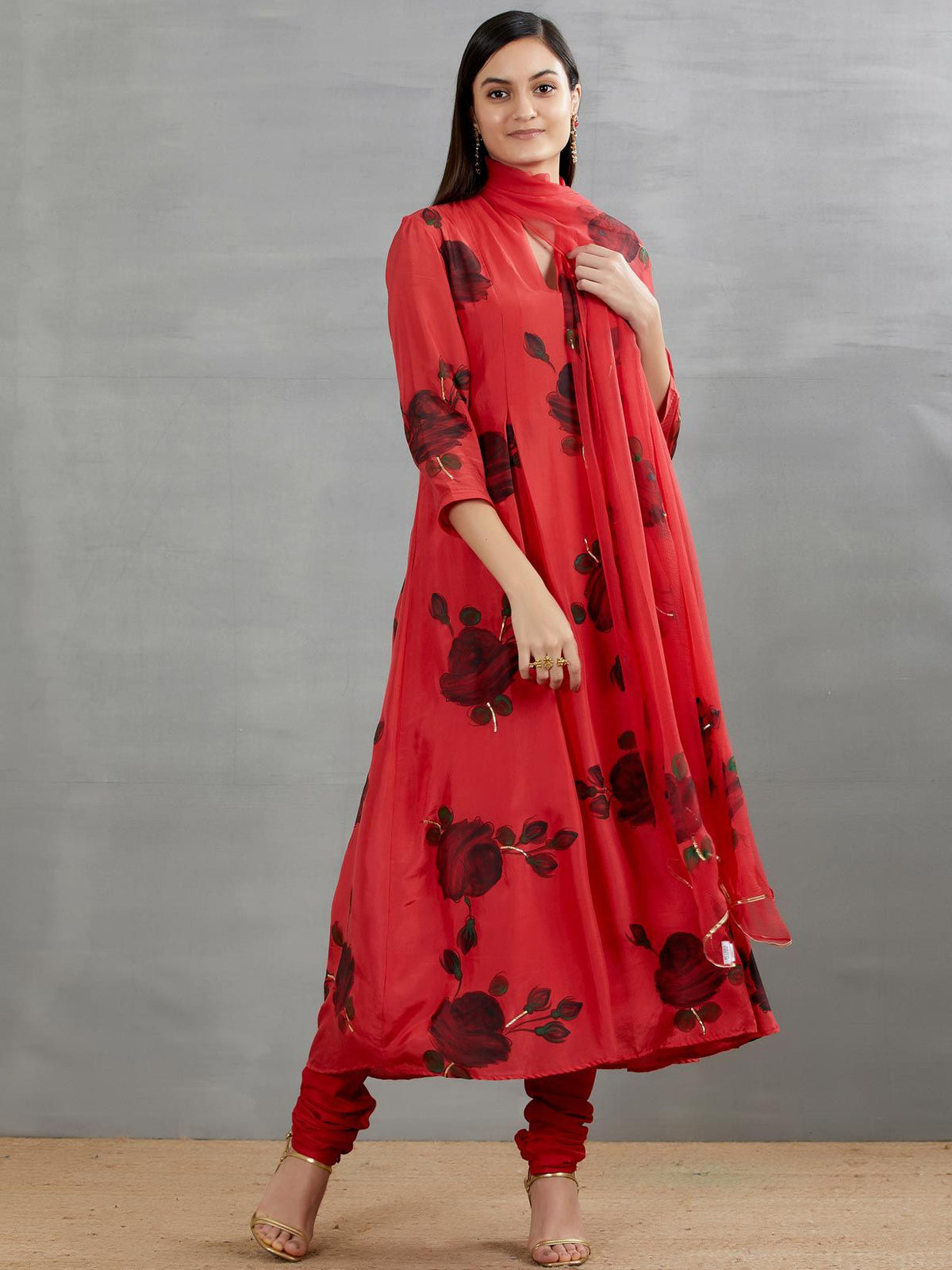 Black Roses On Red Silk Kurta